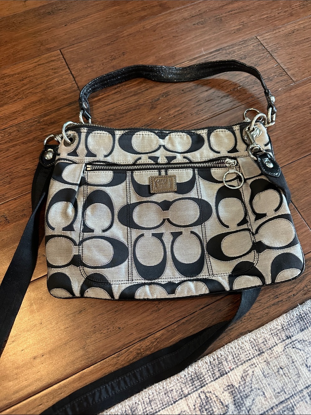 Coach Black and Cream Signature Shoulder Bag with Front Zip